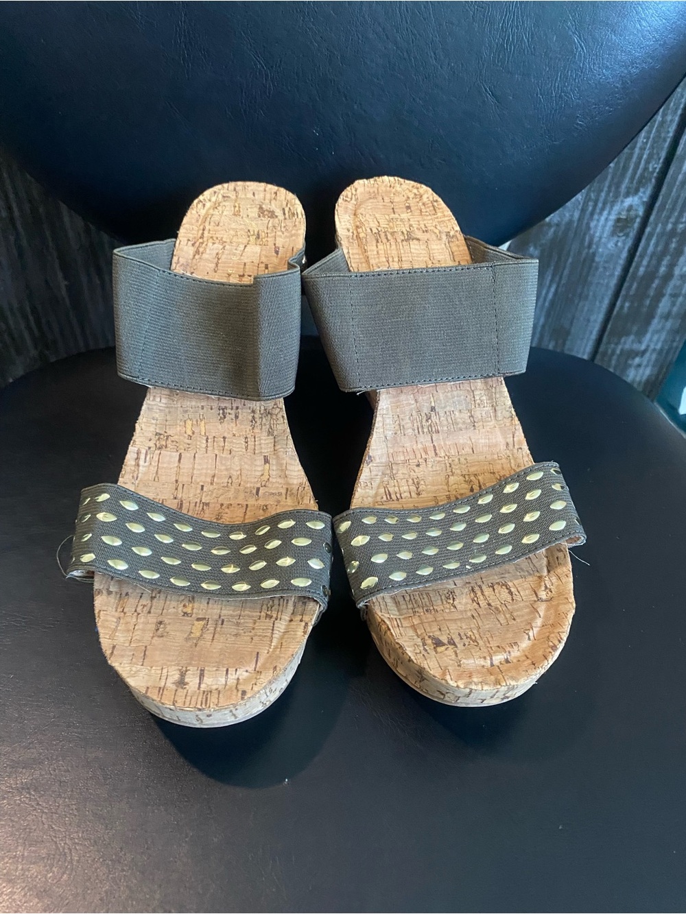 Women's Olive Cork Slide Sandals with Gold Dot Accent